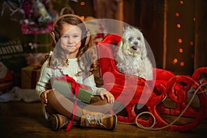 Little girl with dog at Christmas Eve
