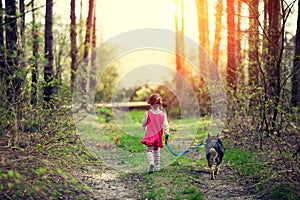 Little girl with dog walking in the forest