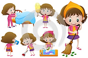 Little girl doing different housework