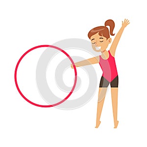 Little Girl Doing Gymnastics Exercise With Hula-Hoop Apparatus In Class, Future Sports Professional