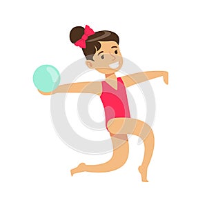 Little Girl Doing Rhythmic Gymnastics Exercise With Ball In Class, Future Sports Professional