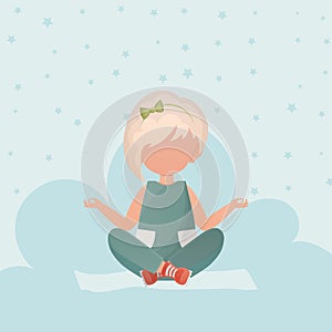 Little girl is doing yoga. Cute yoga, mindfulness and relaxation. Vector illustration.