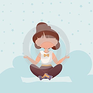 Little girl is doing yoga. Cute yoga, mindfulness and relaxation. Vector illustration in cartoon style.