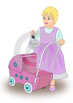 Little Girl with Doll Carriage