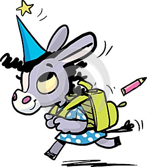 Little girl donkey rushes to school
