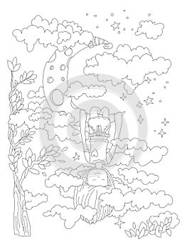 Little girl dreaming in her sleep, hanging on crescent moon, seing clouds, stars and space around. Vector outline