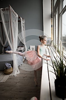 Little girl dreams of becoming a ballerina. Child in a pink tutu dancing in a kids room.