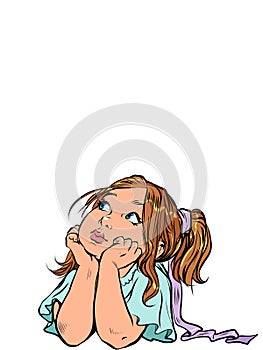 Little girl dreams about something. Fulfill your child wishes. Pop Art Retro On a white background