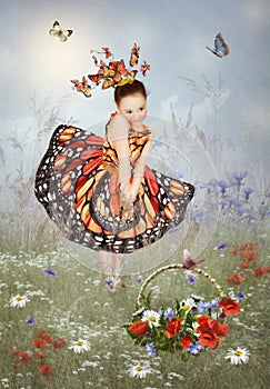 Little girl in a dress butterflies