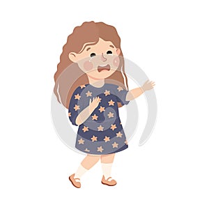 Little Girl in Dress Standing and Crying Feeling Sad Vector Illustration