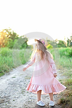 Little girl in dress and straw hat is walking along country road. Happy childhood. Summer vacation. Kid walks along rural road on
