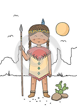 Little girl dressed as native american indian.