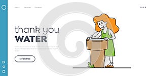 Little Girl Drinking Water on Street Landing Page Template.Character Refreshing Outdoors with Cold Aqua