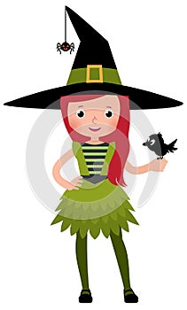 Little girl in a druid witch costume with a crow