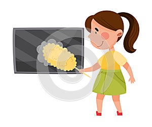 Little Girl Dusting TV Set Screen Vector Illustration