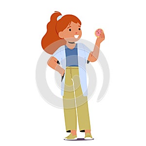 Little Girl Eating fast Food Dessert. Joyful Kid Character Indulging In A Sugary Donut, Eyes Wide With Delight