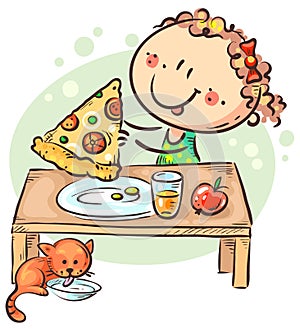 Little girl eating pizza, having a snack or meal