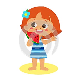 Little Girl Eating Watermelon. Happy Holidays. Isolated Happy Summer Girl Vector Flat Style.