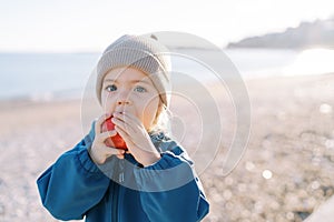 Little girl eats a big red apple holding it in her hands while standing on a sandy beach