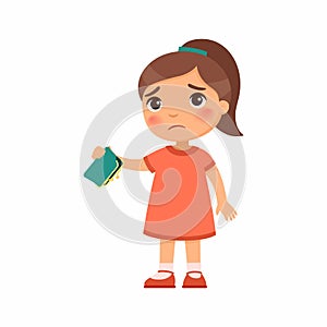 Little girl with empty wallet in hand flat vector illustration. Upset poor child cartoon character.