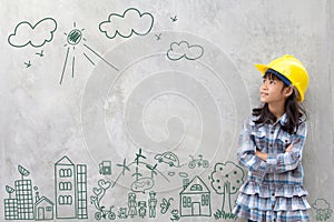 Little girl engineering with creative drawing environment