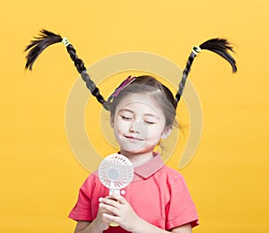 Little girl enjoying cool wind from electric fan