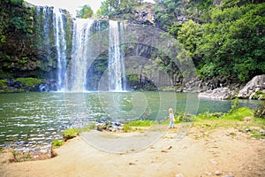 Little girl enjoying Spectacular view of Whangarei Falls, New Zealand