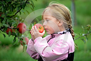 Little girl enjoys the sweet aroma of an apple