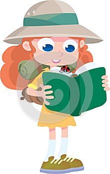 Little girl explorer with ladybird and book