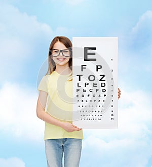 Little girl in eyeglasses with eye checking chart