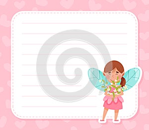 Little Girl Fairy with Wings on Empty Note and Reminder Card Vector Template