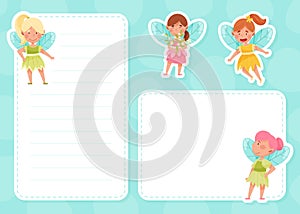 Little Girl Fairy with Wings on Empty Note and Reminder Card Vector Template