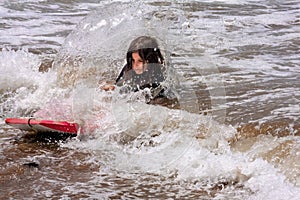 Little Girl Falls Off Boogie Board Shallow Water Breaking Wave