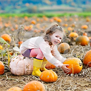 Little girl farming on pumpkin patch