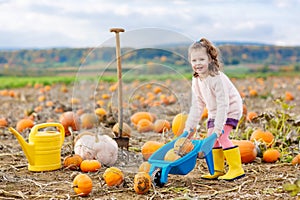 Little girl farming on pumpkin patch