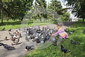 Little girl feeding pigeons.