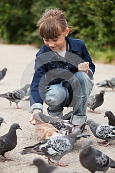 Little girl feeding pigeons