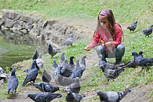 Little girl feeding pigeons