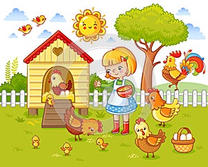 A little girl feeds chickens and hens.