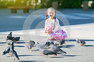 A little girl feeds pigeons.