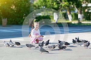 A little girl feeds pigeons.