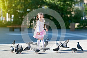 A little girl feeds pigeons.