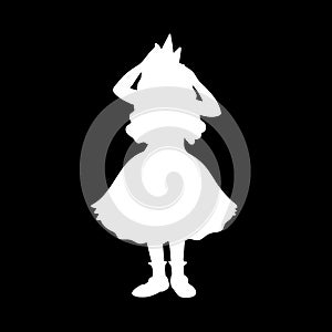 Little girl in festive dress corrects crown. White silhouette isolated on black background. Concept. Vector illustration