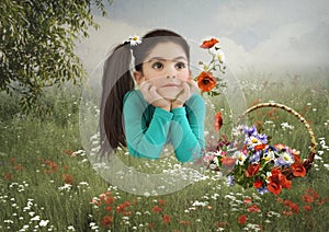 The little girl in the field with poppies