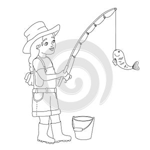 Little girl fishing. Full length of smiling girl holding fishing rod with fish on hook. Vector outline illustration