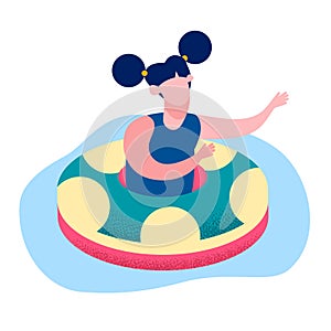 Little Girl Floating Ring Flat Vector Illustration