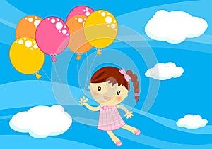 Little girl flying with baloons