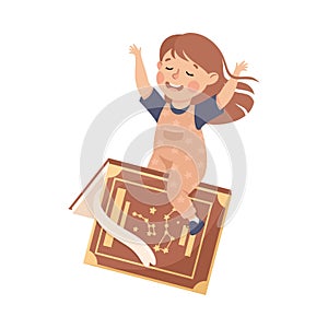 Little Girl Flying on Book Ready to Study Vector Illustration