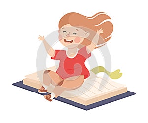 Little Girl Flying on Book Ready to Study Vector Illustration