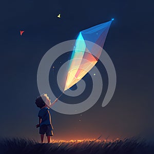 Little girl flying a kite in the night sky. 3d rendering Generative AI
